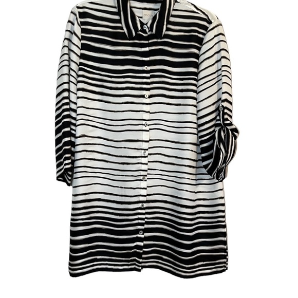 Chicos Top Women M Black Striped Tunic Neutral Minimalist Capsule Old Money 80s - Picture 1 of 16